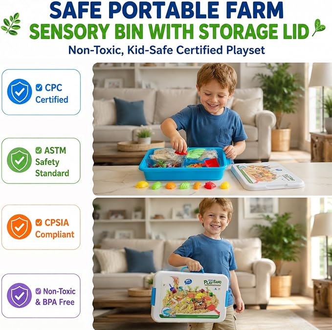 Lunoppy Farm Sensory Sand Kit, Lidded Sand Bin Farm Toys for Kids Ages 3-12 | Indoor Sandbox with 3-Color Magic Sand & Tools, STEM Montessori Farm Sensory Toys, Christmas & Birthday Gifts for Boys Girls
