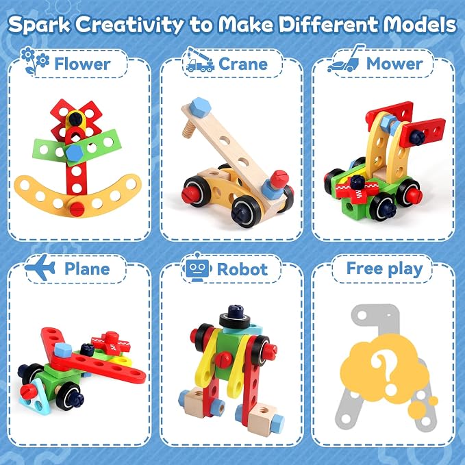 Wooden Kids Tool Set with Drill, Montessori Toys for 3 Year Old Boys | 44 Pcs with Apron & Box Easy Storage STEM Tool Set for Pretend & Fine Motor Skills Birthday Gifts for 3 4 5 Year Old Boy Girl
