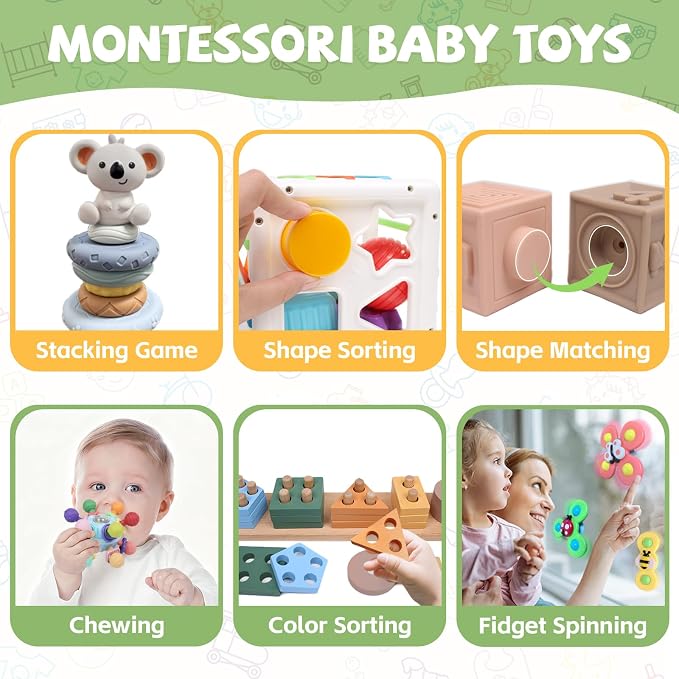 YHHYTOY 6-in-1 Montessori Baby Toys 0-6 6-12 Months, Infant Toys Baby Gifts | 4 5 6 Month Old Baby Toys, Soft Stacking Blocks Rings Shape Sorter Sensory Baby Suction Spinners, Baby Gifts for Girls Boys