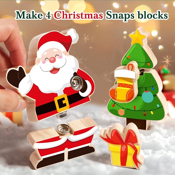 HUZU Wooden Snap Together Button Building Blocks for Kids 3-8, Easter and Animals 3D Puzzle Toys, Montessori Educational STEM Fine Motor Skills Learning Toys (Christmas Friends)