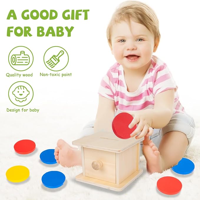Adena Montessori Wooden Coin Box with Drawer Object Permanence 6-12 Months | Red yellow blue coins. Premium wood smooth. Explore opening and closing and inserting coins. Learning gift.