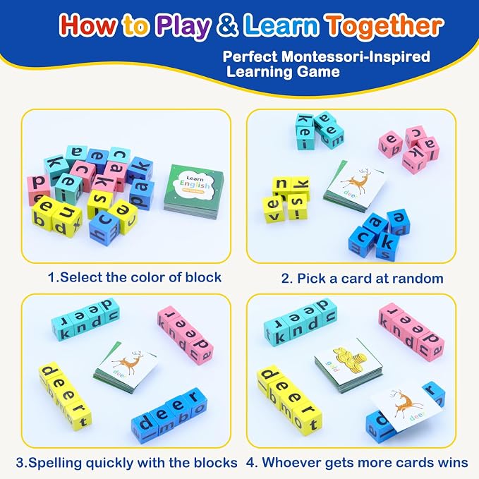 Spelling Games for Kids Ages 3-8, Learn to Read Phonics & Word Building Game with 40 Flash Cards, 16 Wooden Letter Blocks for Screen-Free Family Fun & Preschool Classroom Learning