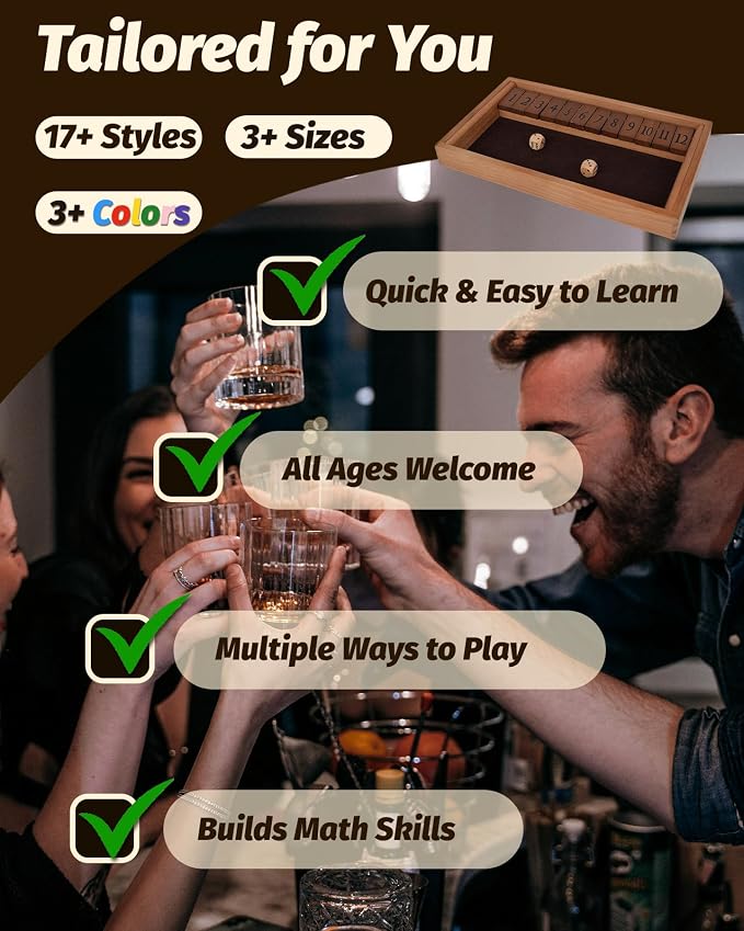 12" Upgraded Shut The Box Game Wooden Math Dice Board Game 2-4 Players | Table Games for Family Night Classroom Travel, Gifts for Group Kid Adult Senior, Camp Party Bar, Easy Quick and Fun