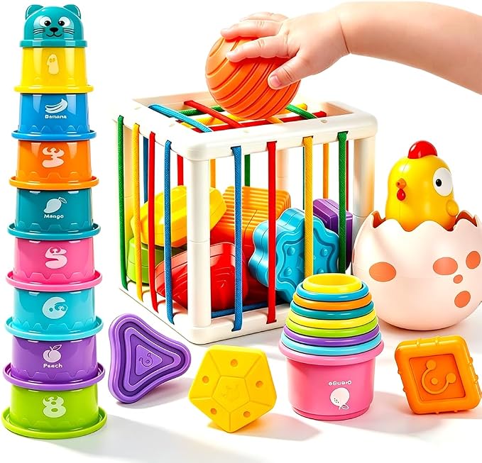 4 in1 Montessori Toys for 1 Year Old,17 Pcs Boys Girls 1st Birthday Gifts, Stacking Cups,Shape Sorter,Multi Sensory Shapes for Babies Early Educational Baby Travel Toys for Toddler 6-12 Months