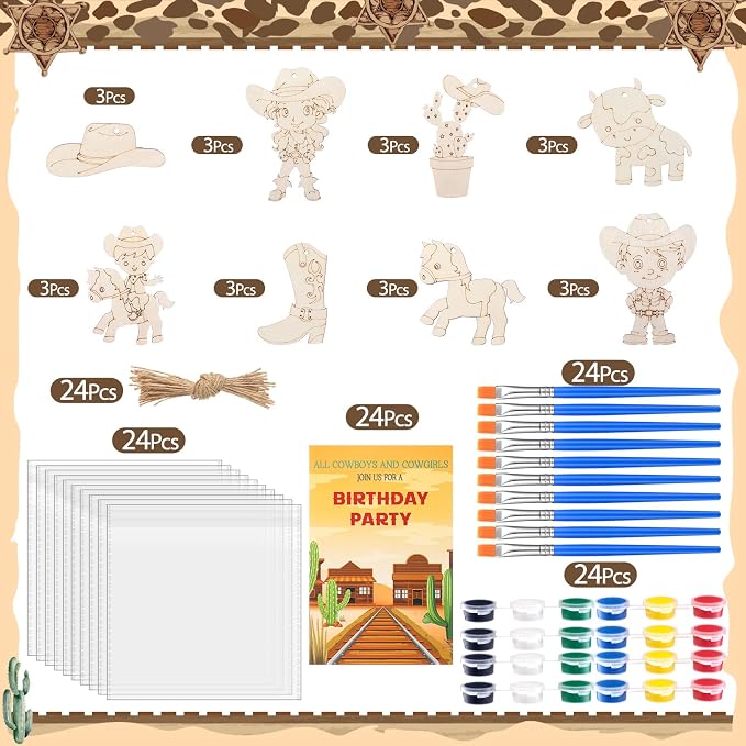 Saypacck 24 Pcs Cowboy Party Favors Wooden Paint Craft Kits | Rodeo Birthday Supplies, Cowgirl Theme Crafts, Western Party Activity, Thank You Gifts, Organza Bags for Goodie Fillers
