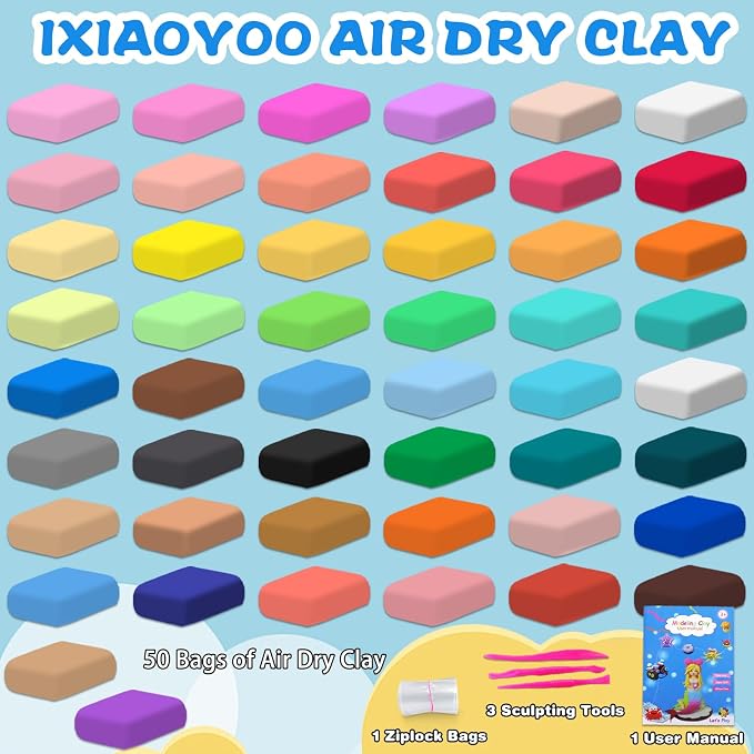 Ixiaoyoo Air Dry Clay, 50 Colors Foam Modeling Clay for School Projects | Safe & Non-Toxic, Soft, Non-Sticky, DIY Model Crafts Kids Toys for Home Party Favors, Birthday Gifts for Aged 3–12 Boys Girls