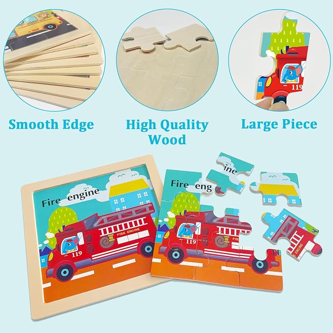 Wooden Puzzles for Toddlers 3+, 9 Pieces Vehicle Jigsaw Puzzles for Kids Ages 3-5, Toddler Toys for Preschool Learning Activities, Learning & Educational Toys, Gifts for Boys, Girls
