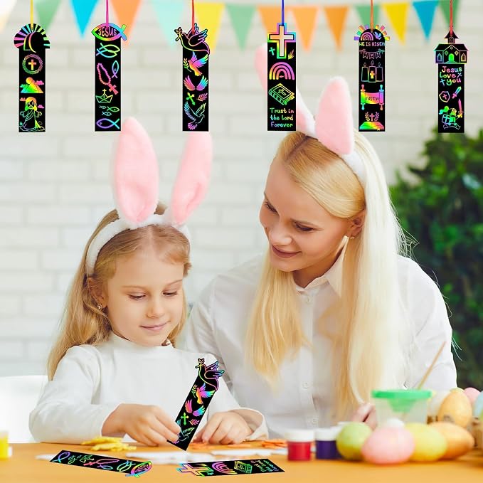 JUNEBRUSHS 30Pcs Religious Crafts for Kids, Easter Rainbow Color Scratch Art Bookmarks Resurrection Cross Religious Gifts for Kids Sunday School Church Bible Crafts Kits