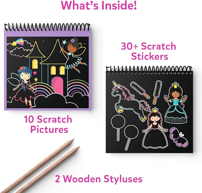 Skillmatics Magical Scratch Art Book – Unicorns & Princesses, Travel Toy | Craft Kit, Drawing & Coloring Supplies, 30+ Scratch Stickers, Screen-Free, Gift for Toddlers, Girls & Boys Ages 3, 4, 5, 6