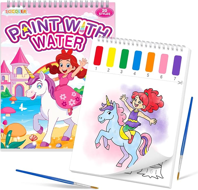 SOCOLER Paint with Water Coloring Books for Toddlers,Unicorn Theme Mess Free Watercolor Painting Papers for Kids Water Color Paint Kit Art Craft Gift for Ages 1-3, 4-8