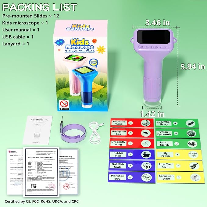 Odatay 1000X Digital Kids Microscope Kit with 12 Slides & 2" Screen, Purple | 1080P Imaging, Fit Ages 3-12, Standalone Pocket Science Edu Toys Gifts, Outdoor Backyard Bugs Exploring, Anti-drop Lanyard