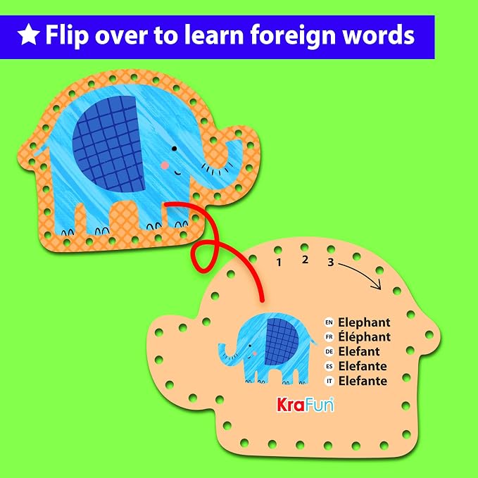 KRAFUN Safari Animal Beginner Lacing Cards Age 3+ | 5 Projects | 5 safari cards: Lion, Monkey, Elephant, Tiger & Crocodile. Builds fine motor skills. Beginner activity ages 3+