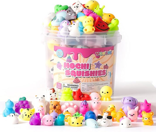 25 Pack Squishy Toys, Mochi Squishy Animals for Kids, Kawaii Slow Rising Squishies, Cute Sensory Fidget Toys for Kids, Party Favors, Treasure Box Prizes, Classroom Prizes in Storage Bucket