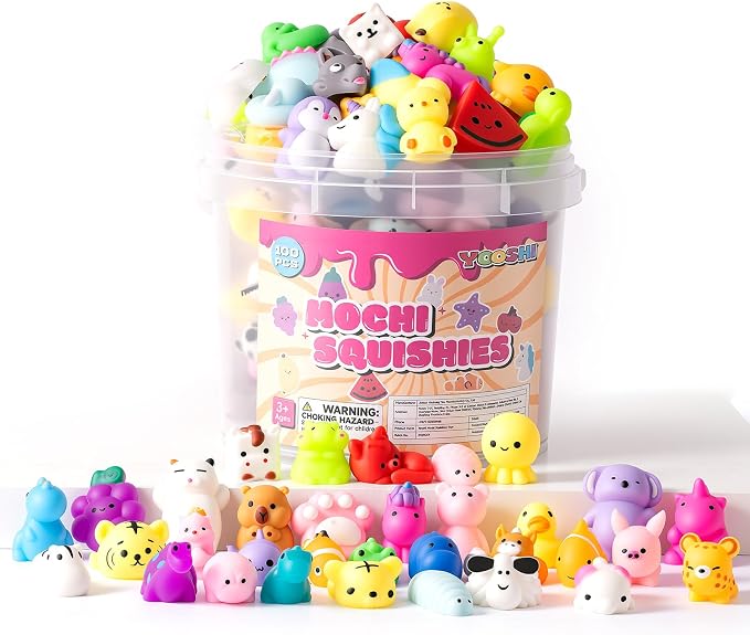 50 Pack Squishy Toys, Mochi Squishy Animals for Kids, Kawaii Slow Rising Squishies, Cute Sensory Fidget Toys for Kids, Party Favors, Treasure Box Prizes, Classroom Prizes in Storage Bucket