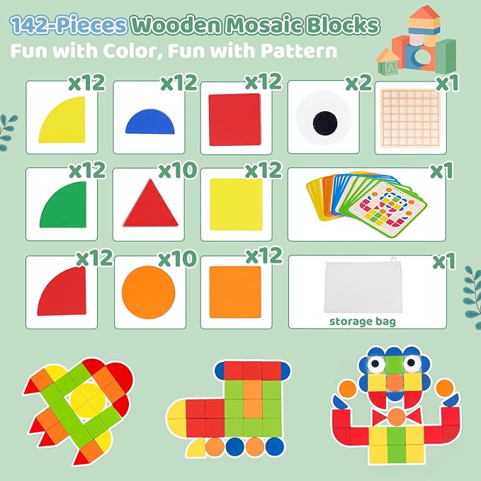 Wooden Pattern Blocks with Grid Board 142PCS Wood Mosaic Tiles Montessori Shape Puzzle Tangrams for Kids with Storage Bag Preschool Educational Toys for Boys Girls Ages 3+