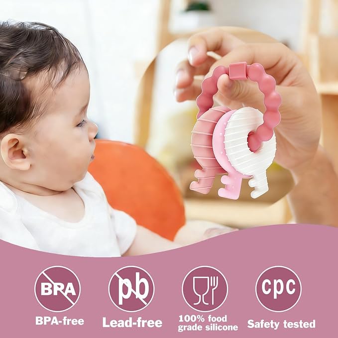 YAPROMO Baby Teething Keys - Soft Silicone Keys Teether, Cute Chew Toys for 3-18 Months Infants & Toddlers, Perfect for Baby Girls, BPA Free