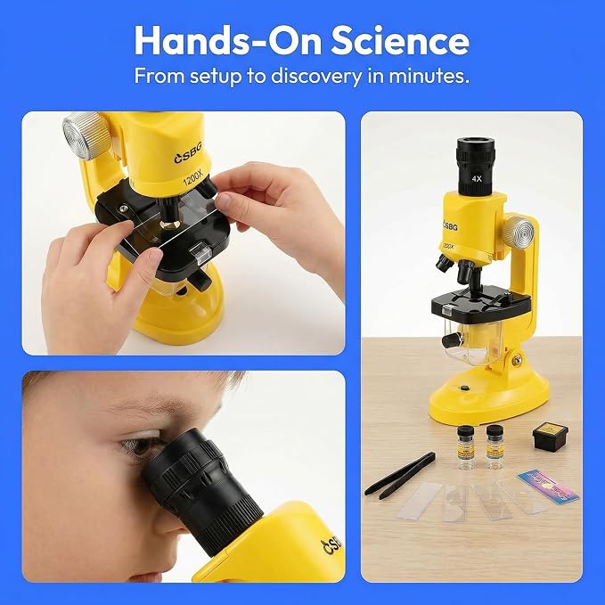 Little World Kids Microscope with LED Light - 100X/400X/1200X Magnification | Beginner science kit, monocular view, educational STEM gift for ages 5-12, Yellow