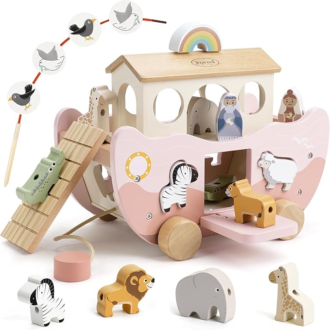 Joyreal Pink Wooden Noah's Ark Toy for 1 Year Old Baby Girl Baptism Gifts | Montessori Educational Toy, Animal Shape Sorter, Christian Toys for Toddler Boy 1-3 Years Old, Christmas Birthday Gift