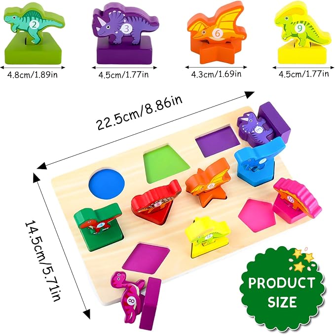 Scuwtocn Dinosaur Shape Puzzle Wooden Montessori Toys for 2 Years Old | Educational Learning Toy for Toddlers 1-3 Years, Color Recognition Wooden Blocks with Numbers