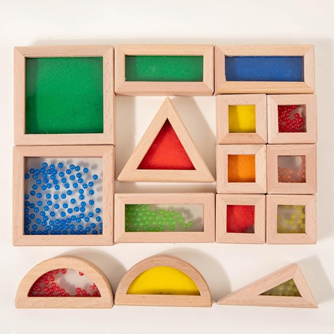 Dinhon 15pcs Baby Building Blocks for 12+ Months - Pine Wood with Sand & Beads, Extra-Large Burr-Free Translucent Rainbow, Toddler Educational Stacking Toys (Multi-Shapes)