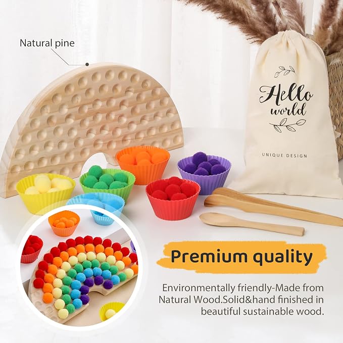 Board Beads Game Pine Wooden Rainbow Bead Maze Montessori Color Sorting Toys for Toddlers 1-3 Match Game