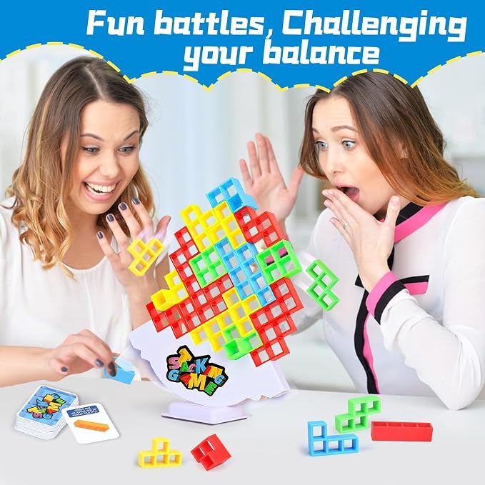 BBnote 64PCS Stack Game for Adult & Kids, Tetra Board Tower Games for Family Travel Party, 2 Players Balance Stacking Toy, Team Toys Building Block