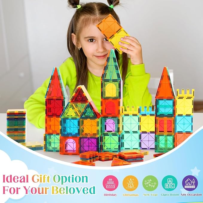 OugerToy 32-Pack Magnetic Tiles–Rainbow Builder Set | 2.95in STEM Construction Kit with Transparent Windows, Expand Creative Play for Kids