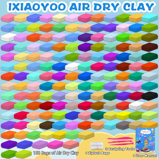 Ixiaoyoo Air Dry Clay, 158 Colors Foam Modeling Clay for School Projects | Safe & Non-Toxic, Soft, Non-Sticky, DIY Model Crafts Kids Toys for Home Party Favors, Birthday Gifts for Aged 3–12 Boys Girls