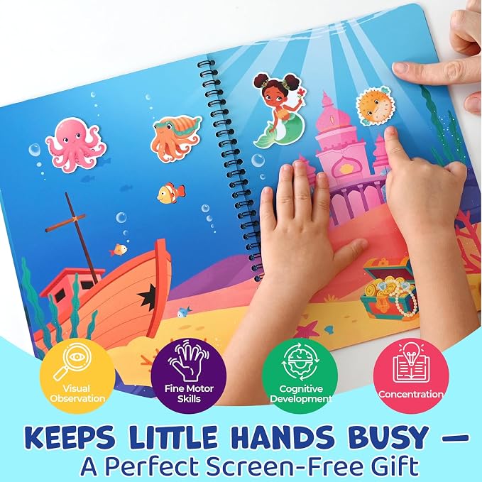 Reusable Sticker Book for Girls - Mermaid Princess Dress Up, 75 Stickers | 75 Washable Jelly Stickers, 7 Play Scenes, Mermaid Travel & Road Trip Toys, Sticker Activity Book for Toddler 1-3 & 2-4