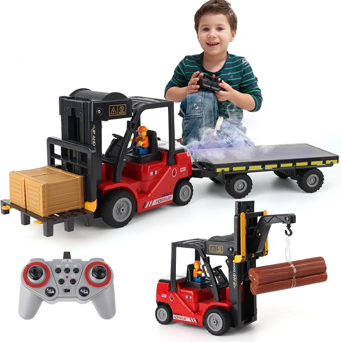 1:24 RC Forklift with Trailer, 2 in 1 Transform Lift Fork & Hook, Kids Forklift Toy with Light & Sound & Spray, 11 Channel Remote Control Forklift, Construction Toy Gift for Kids 6+ (Red)
