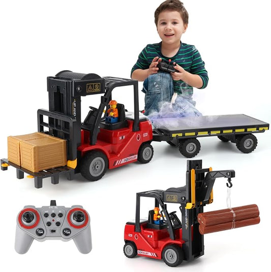 1:24 RC Forklift with Trailer, 2 in 1 Transform Lift Fork & Hook, Kids Forklift Toy with Light & Sound & Spray, 11 Channel Remote Control Forklift, Construction Toy Gift for Kids 6+ (Red)