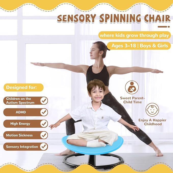 Zhenx Spinning Chair for Autistic Kids (Ages 3-18), Autism Sensory Toy Gift | 220LBS Capacity Sensory Swivel Seat for ADHD Kids, Autism Sensory Products, Calming Gift Improve Focus & Body Balance (Blue)