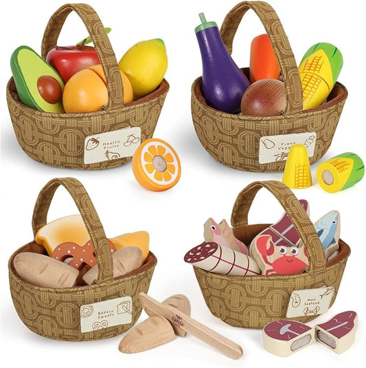Lehoo Castle Wooden Play Food Set for Toddlers, Play Kitchen Accessories | Pretend Play Cutting Toys, 4 Baskets with Fruits Vegetables Meats Breads, Montessori Sorting Toys for Girls Boys Kids 3-5