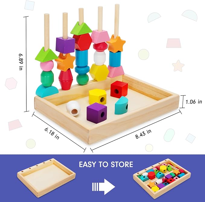 TooyBing Montessori Wooden Lacing Beads Toys for 3 4 Year Old Toddler Kids, Sequencing & Stacking Block Toy with Storage Box, STEM Preschool Learning Toys, Christmas Birthday Gifts for Boys Girls