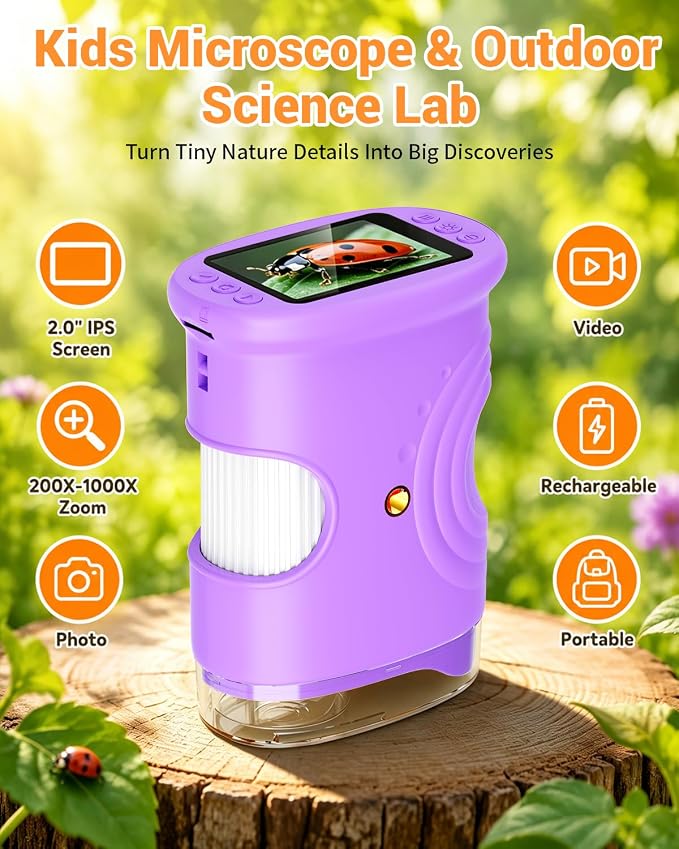 1000X Digital Handheld Microscope for Kids Portable Outdoor Toys & Gifts | 2.0" IPS Screen Magnifier, STEM Science Lab Magnifying Glass, Photo&Video Pocket Edu Toy for Boys & Girls Age 4-12, Purple