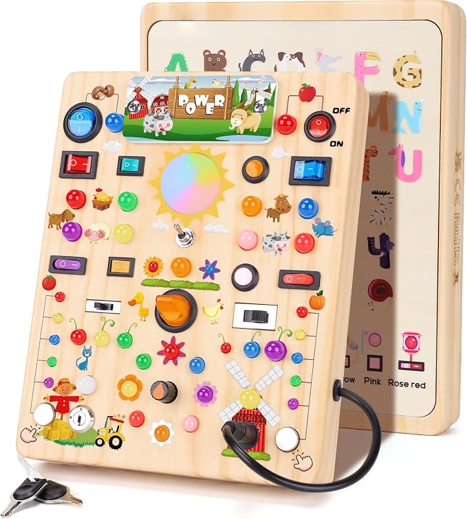 Busy Board with 19 LED Light Switches, Montessori Toys for 1 2 3 Years Old, Wooden Sensory Board, Toddlers Activity Travel Toys for 1 2 3 Year Old Boy & Girl Birthday Gift (Big Farm)