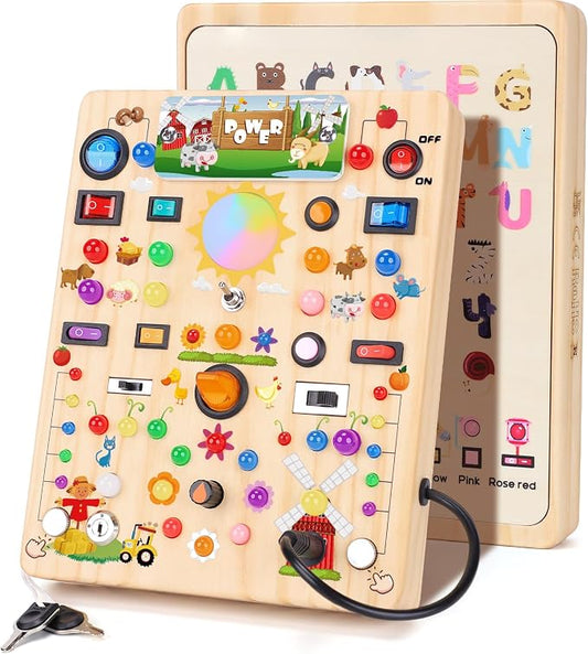 Busy Board with 19 LED Light Switches, Montessori Toys for 1 2 3 Years Old, Wooden Sensory Board, Toddlers Activity Travel Toys for 1 2 3 Year Old Boy & Girl Birthday Gift (Big Farm)