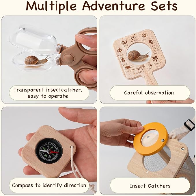Bug Catching Kit for Kids Ages 3-14, 11PCS Wooden Nature Explorer Set with Butterfly Net, Bug Habitat, Magnifying Glass and Outdoor Insect Tools, Catch-and-Release STEM Educational Toy Gift