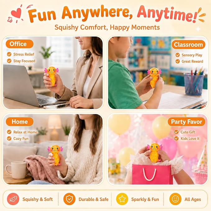 Axolotl Squishy Stress Ball, Soft TPR Slow Rising Squeeze Toy, Cute Axolotl Fidget Toy for Stress Relief, Anxiety Calming Sensory Toy for Kids Adults(Orange Long Tail Axolotl)