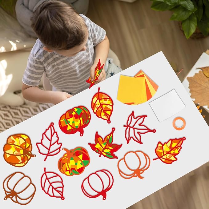 Qyeahkj 36 Set Fall Suncatchers Crafts for DIY Autumn Window Tissue Paper Crafts Kit Maple Leaves Pumpkin Hanging Decor for Thanksgiving Home Activity Art Project Birthday Party Favor Gift