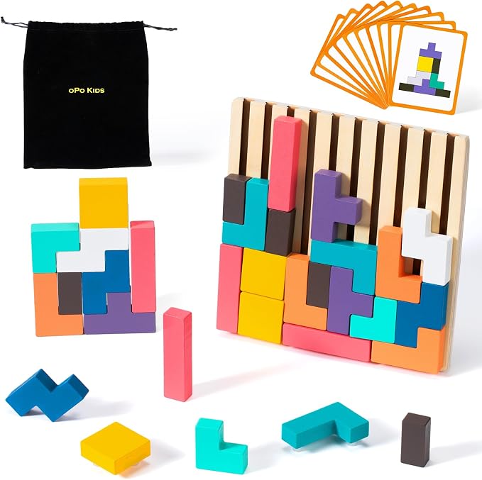 Wooden Colored 3D Russian Block Puzzle Travel Toy, Montessori Educational Gift for Kids Ages 3–6 with 28 Wood Blocks & Storage Bag, Wooden Stacking Puzzle Toy (Travel Size)