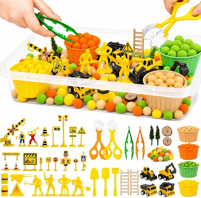 Cinrobiye 150 Pcs Construction Theme Activity Fillers Set with Storage Box, Excavator Accessories, Road Signs, Tools, Building Materials & Sorting Supplies for Classroom Activities, Home Projects