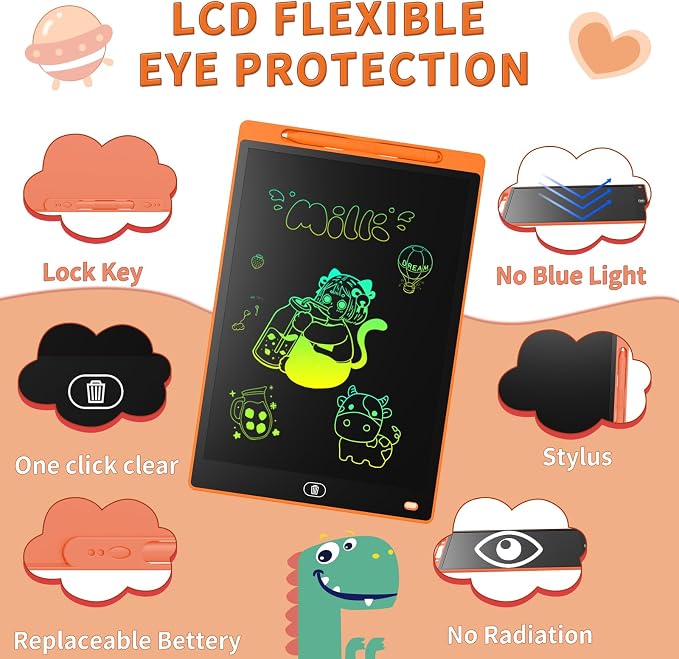 Genialba LCD Writing Board 10 Inches, Colourful Electronic Tablet, Portable Erasable Drawing Board, Graphic Tablet for Children's Games 3 4 5 6 7 Year Old Kid Boys Girls (Orange)