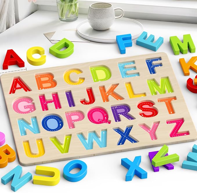 Zeoddler Alphabet Puzzles, Wooden Puzzles for Toddlers, ABC Shape Puzzles for Kids, Preschool Learning Activities, Gift for Girls Boys