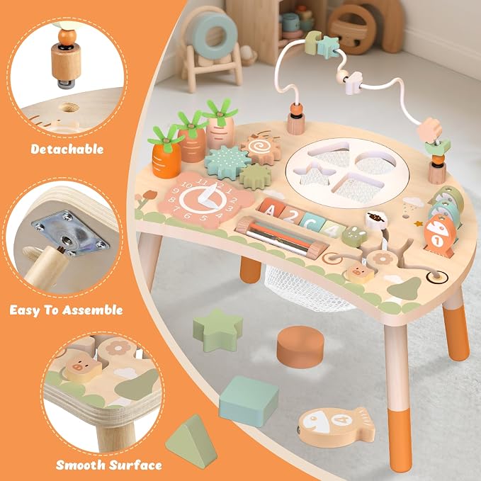 Weilim Activity Table for 18 Months+, 9-in-1 Wooden Montessori Toddler Toy | Bead Maze, Magnetic Fishing Game, Shape Sorter, Spinning Gears, Teach-Time Clock, Animal Maze, Carrot Harvest and More