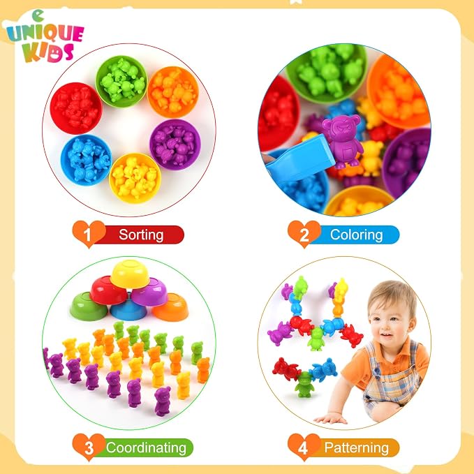 UNIQUE KIDS Counting Matching Game with Sorting Cups, Color Classification and Sensory Training Educational Learning Toys Set Gift for Toddlers Preschool Ages 3 Years and up