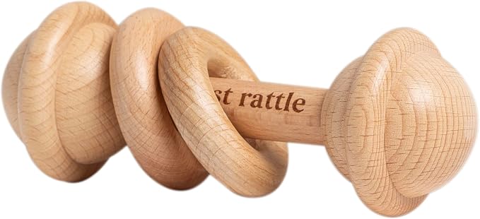 Pearhead Wooden My First Rattle and Teether, Baby Sensory Toy | Laser-Engraved Keepsake, Natural Beechwood, Easy-Grip Design, Fine Motor Skills, Newborn Tummy Time, New Parent Gift, Ages 0+
