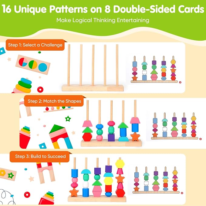 Montessori Wooden Threading Beads Set for Toddlers 3 4 5, Bead Sequencing & Stacking Toy with Pattern Cards, Lacing Beads, Shape Matching Stacker, Fine Motor STEM Learning Gift