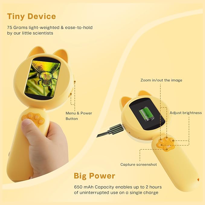 Mia Microscope for Kids, Mini Digital Microscope with 2'' IPS Screen, Handheld Mini Scope Educational Science Toy Kit, Christmas/Birthday Gifts for Kids Aged 3-6,7-12 (Yellow)