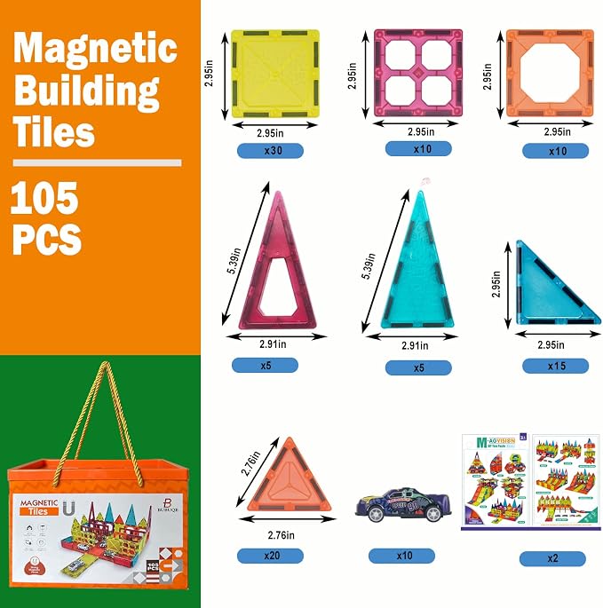 BUBUQE Magnetic Tiles Parking Building Playset with 10 Pull-Back Metal Cars for Kids Construction STEM Toy Preschool Creativity Learning Birthday Gift for Girls Boys Toddlers 3 4 5 6 7 8